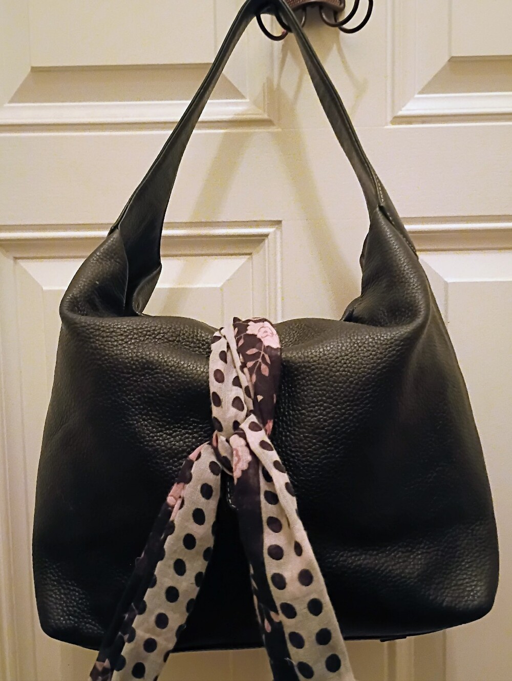 Dooney & Bourke Black Pebbled Leather Hobo with Polka Dot Scarf